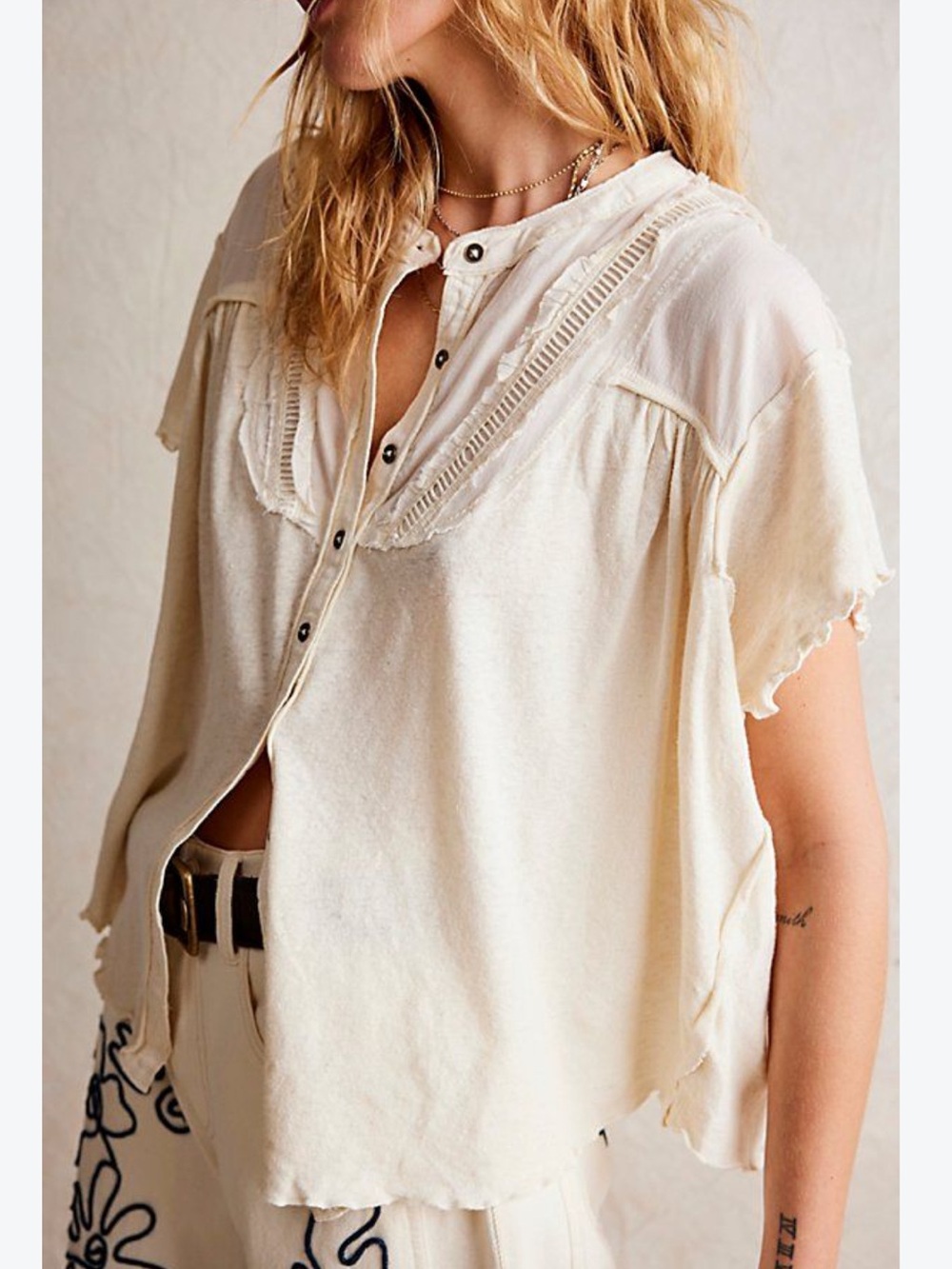Free People We The Free Cotton Linen Sofia Henley Oversized Top Large Ivory Boho